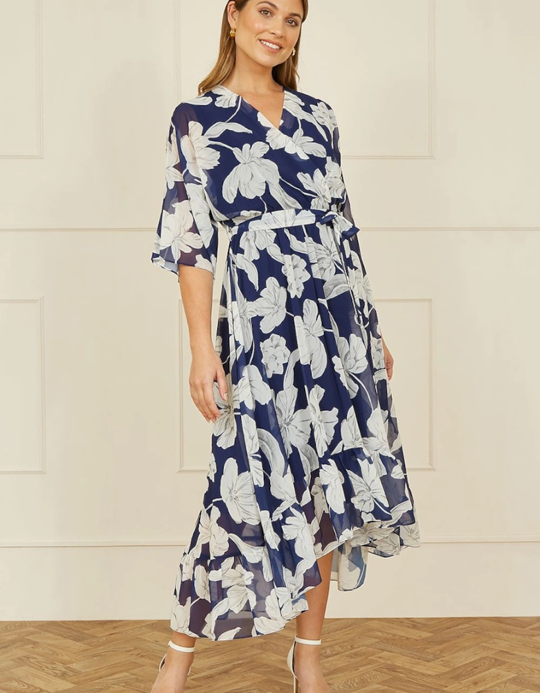 Navy Mesh Bird And Floral Print Midi Dress With Ruffles