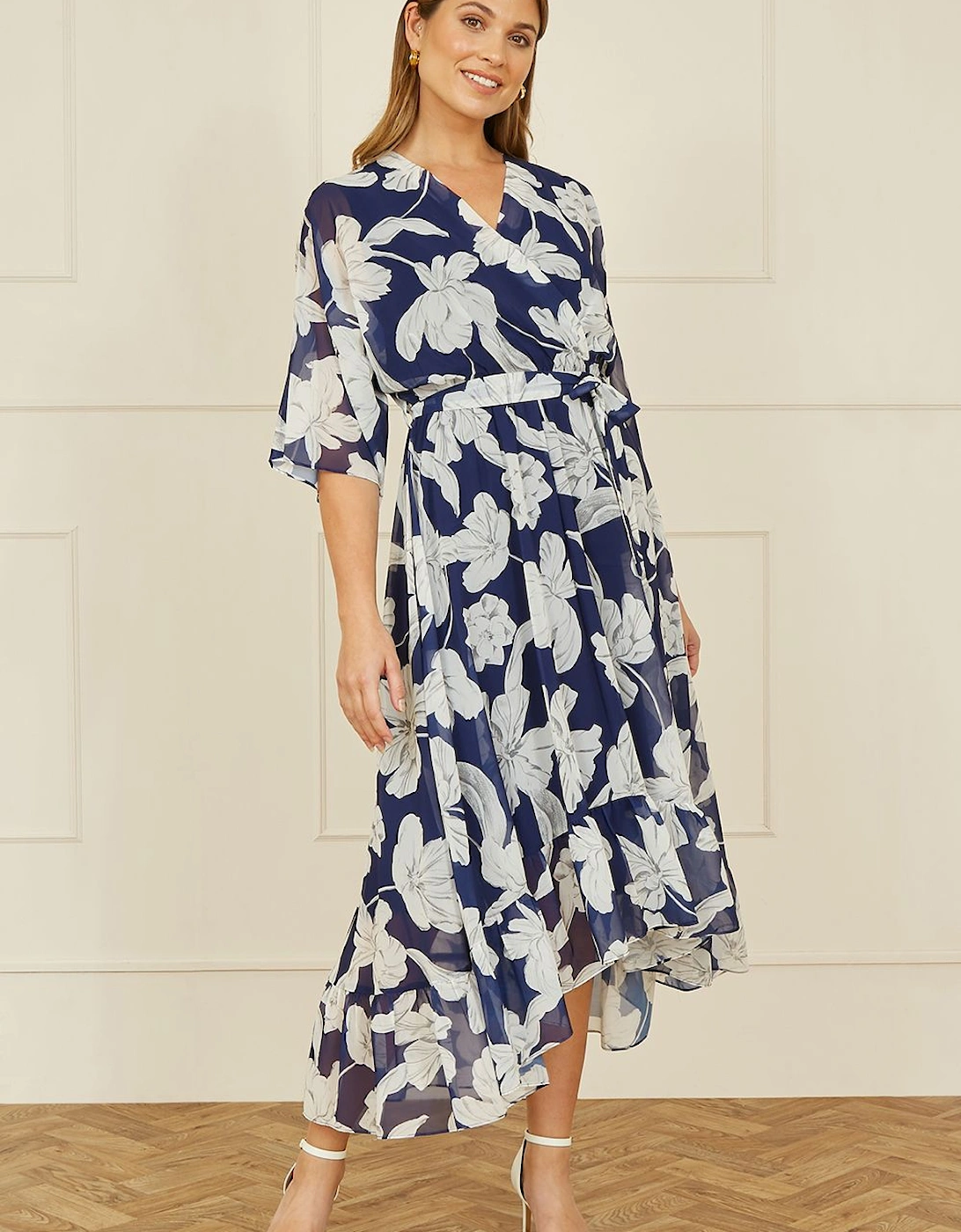 Navy Mesh Bird And Floral Print Midi Dress With Ruffles, 2 of 1