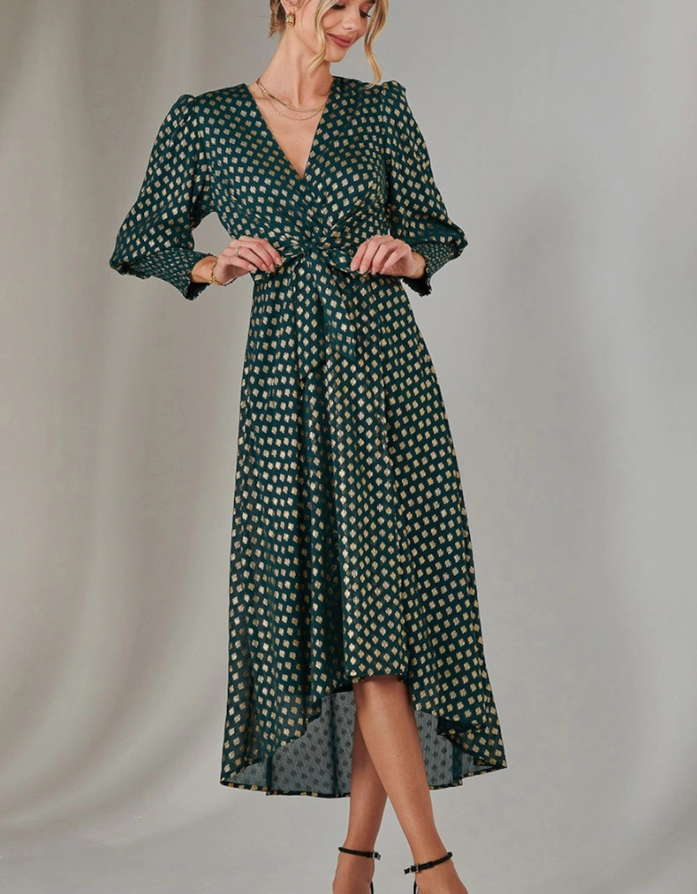 Metallic Spot Print Puffy Sleeve Maxi Dress