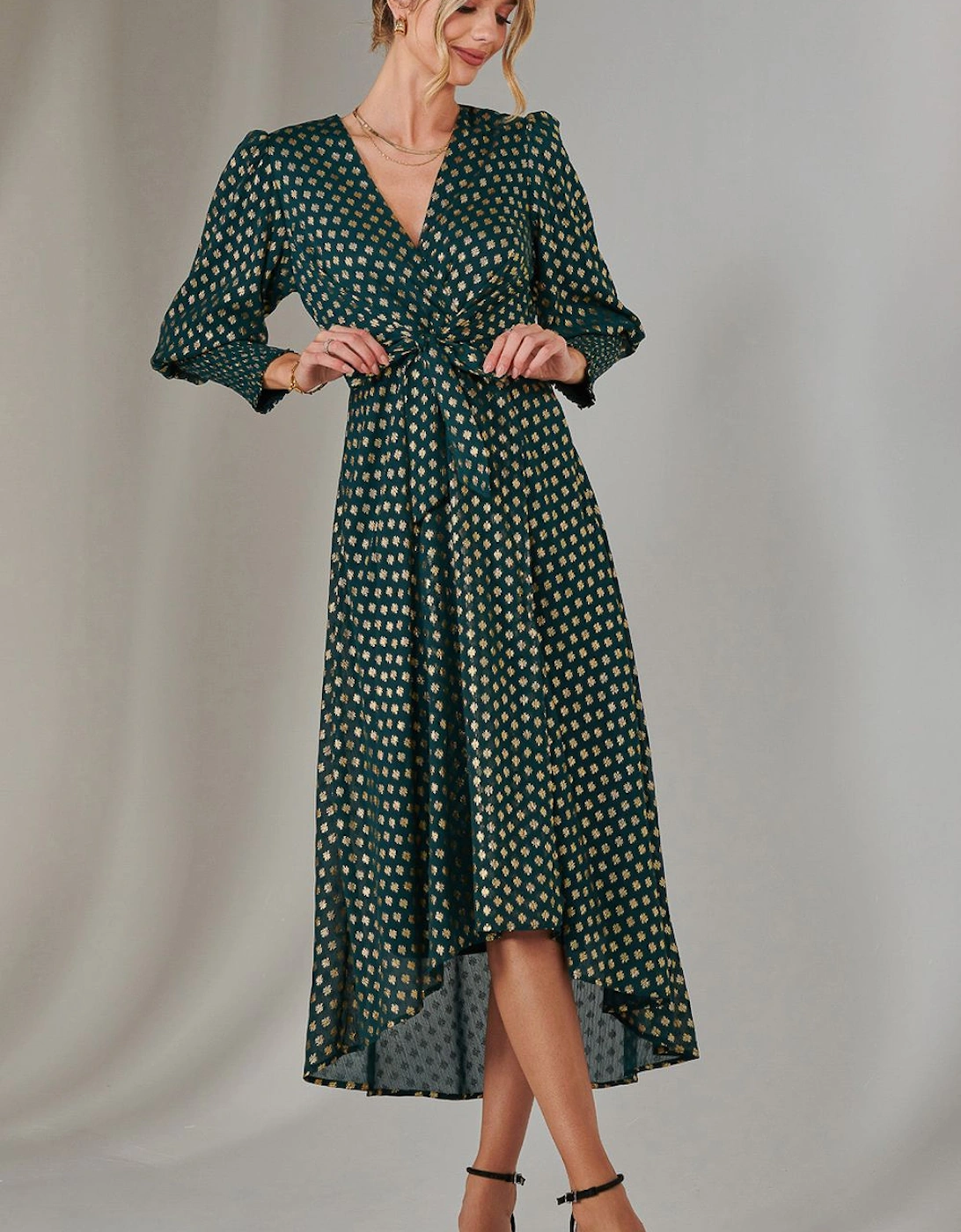 Metallic Spot Print Puffy Sleeve Maxi Dress, 2 of 1