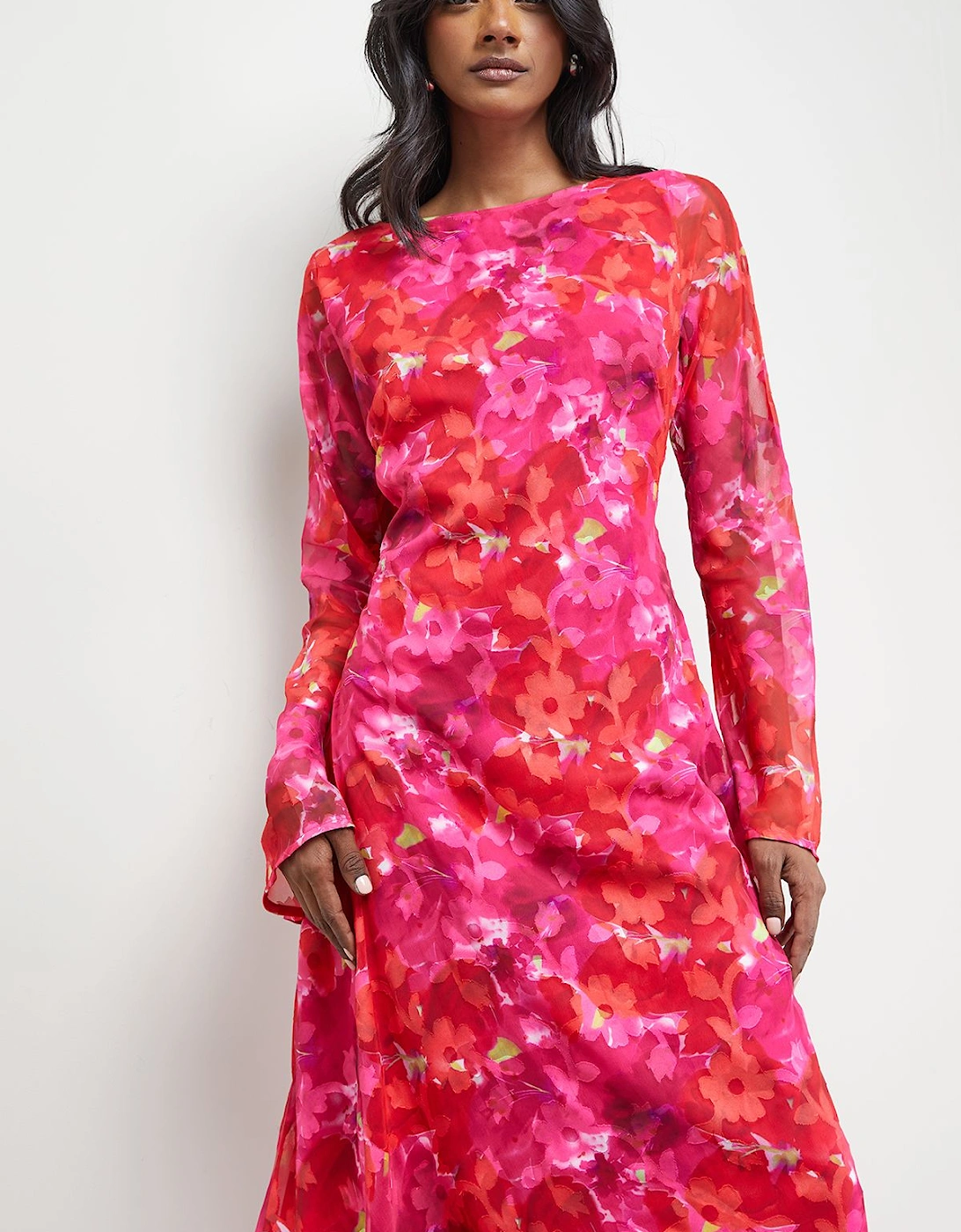 Burnout Floral Chiffon Slash Neck Bias Midi Dress, 2 of 1