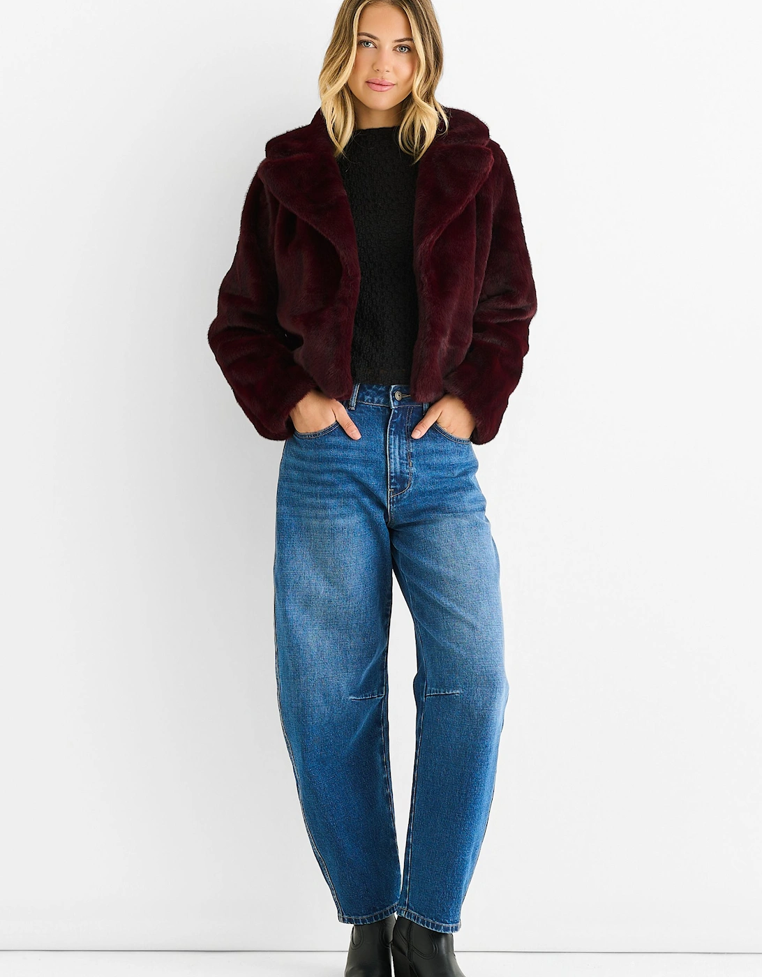Plum Crushed Look Faux Fur Cropped Jacket, 2 of 1