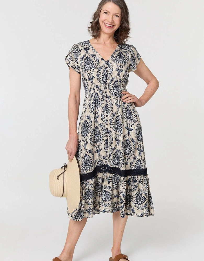 Ikat Print Shirred Lace Midi Dress