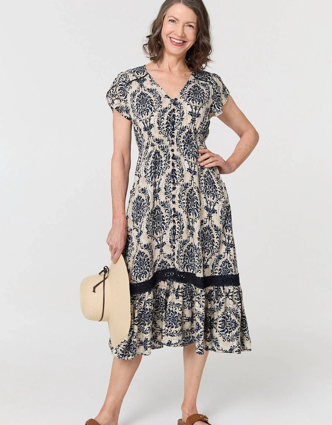 Ikat Print Shirred Lace Midi Dress, 2 of 1