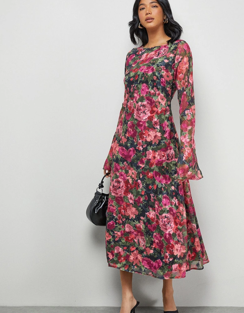 Burnout Floral Chiffon Slash Neck Bias Midi Dress