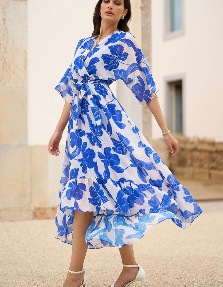 Navy Kimono Sleeves Midi Dip Hem Wrap Midi Dress