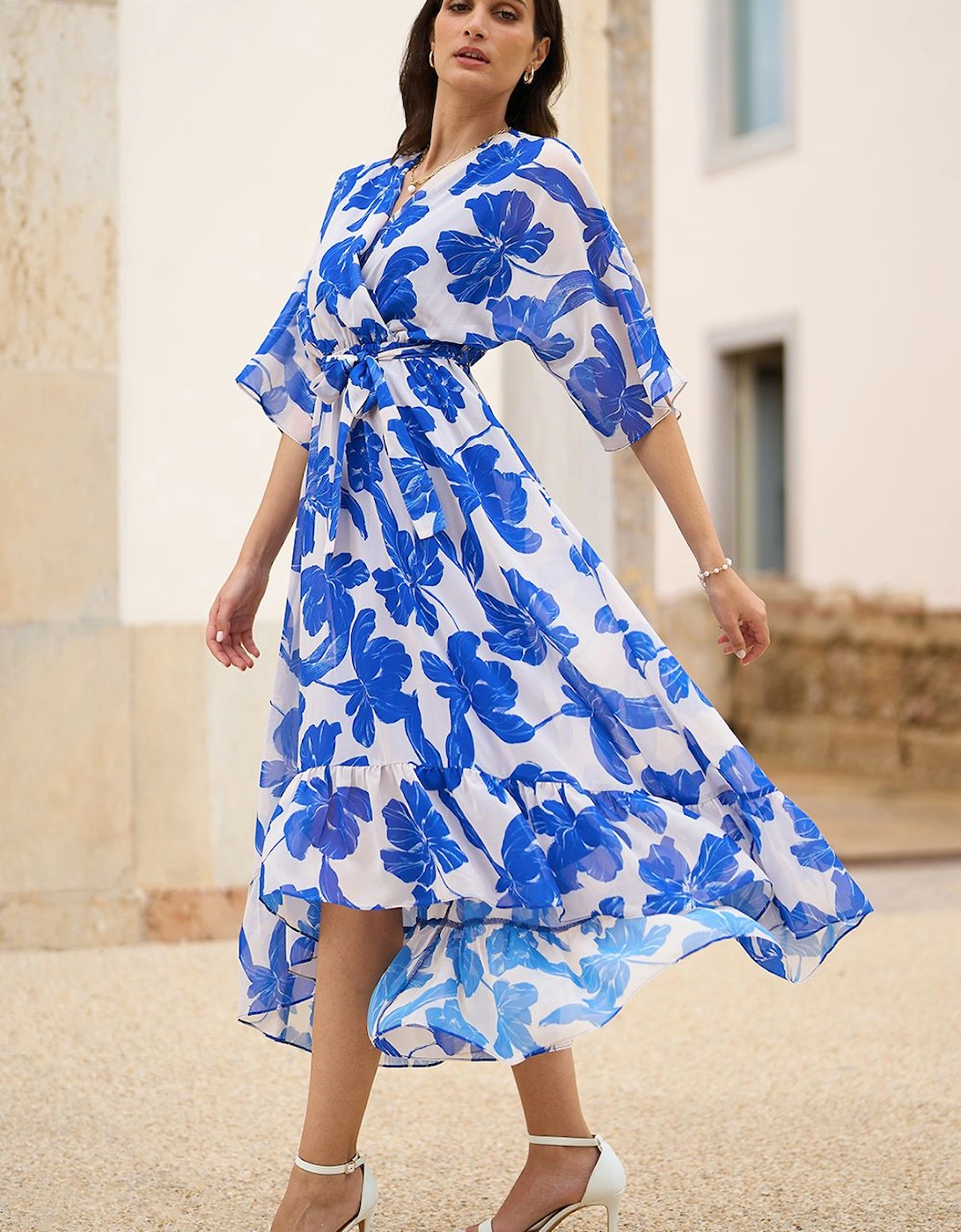 Navy Kimono Sleeves Midi Dip Hem Wrap Midi Dress, 2 of 1
