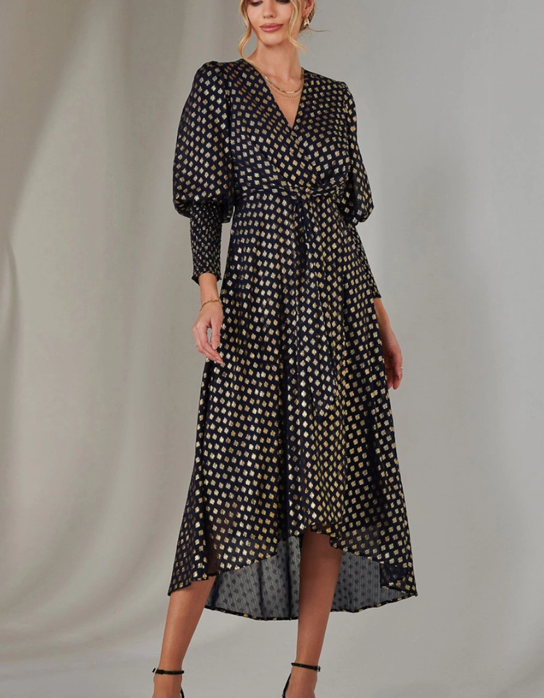 Metallic Spot Print Puffy Sleeve Maxi Dress