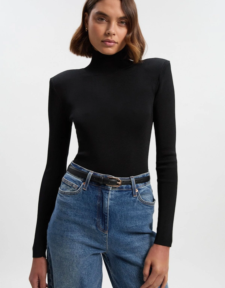 Slinky Drape Knit Power Shoulder Funnel Neck Top