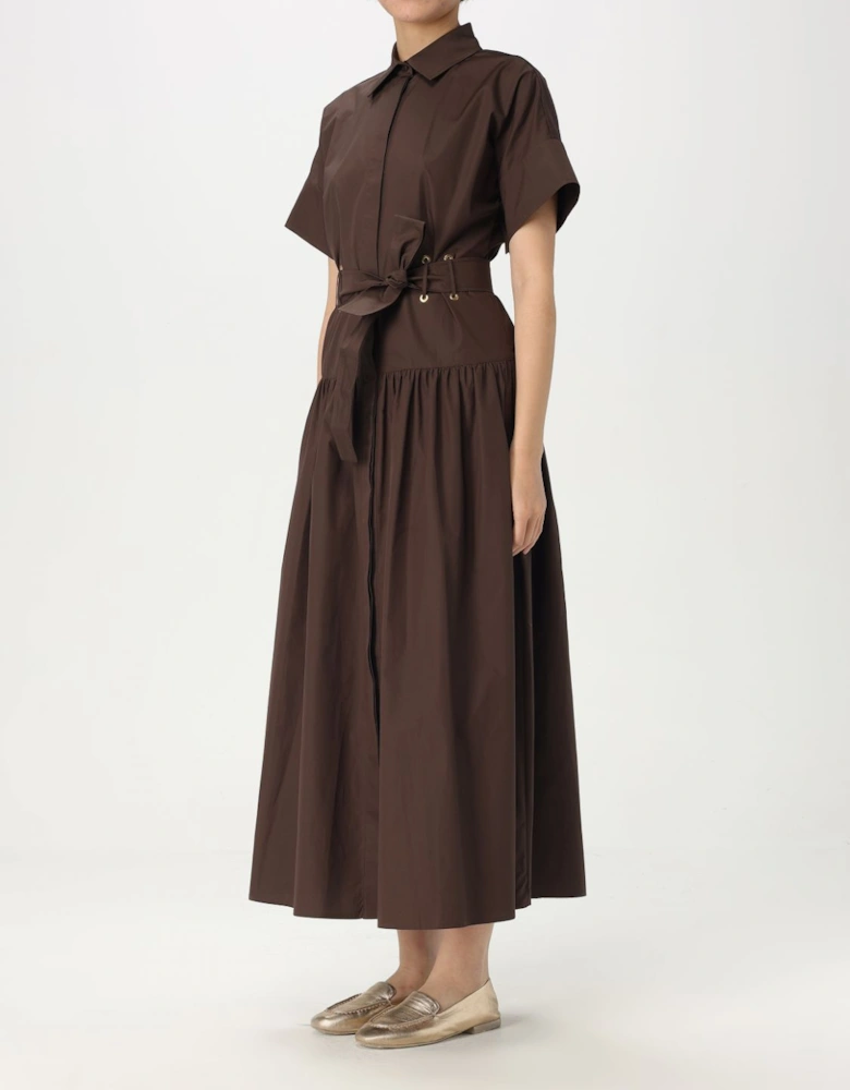 Belted Short Sleeve Dress With Classic Collar And Front Button Closure