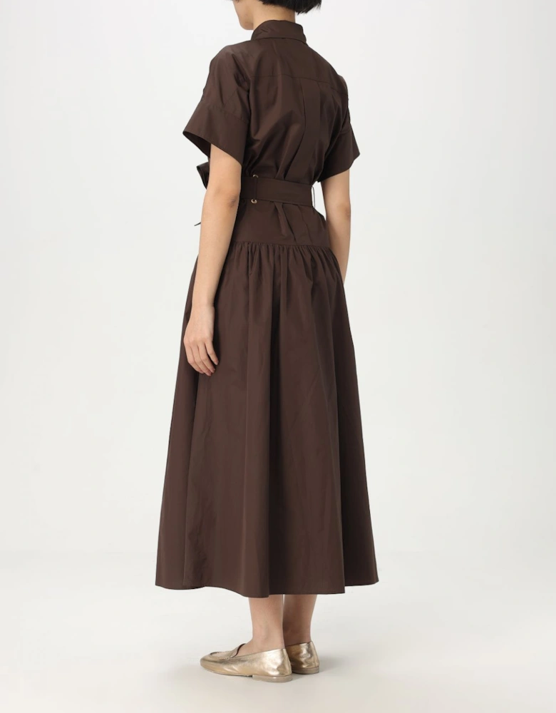 Belted Short Sleeve Dress With Classic Collar And Front Button Closure