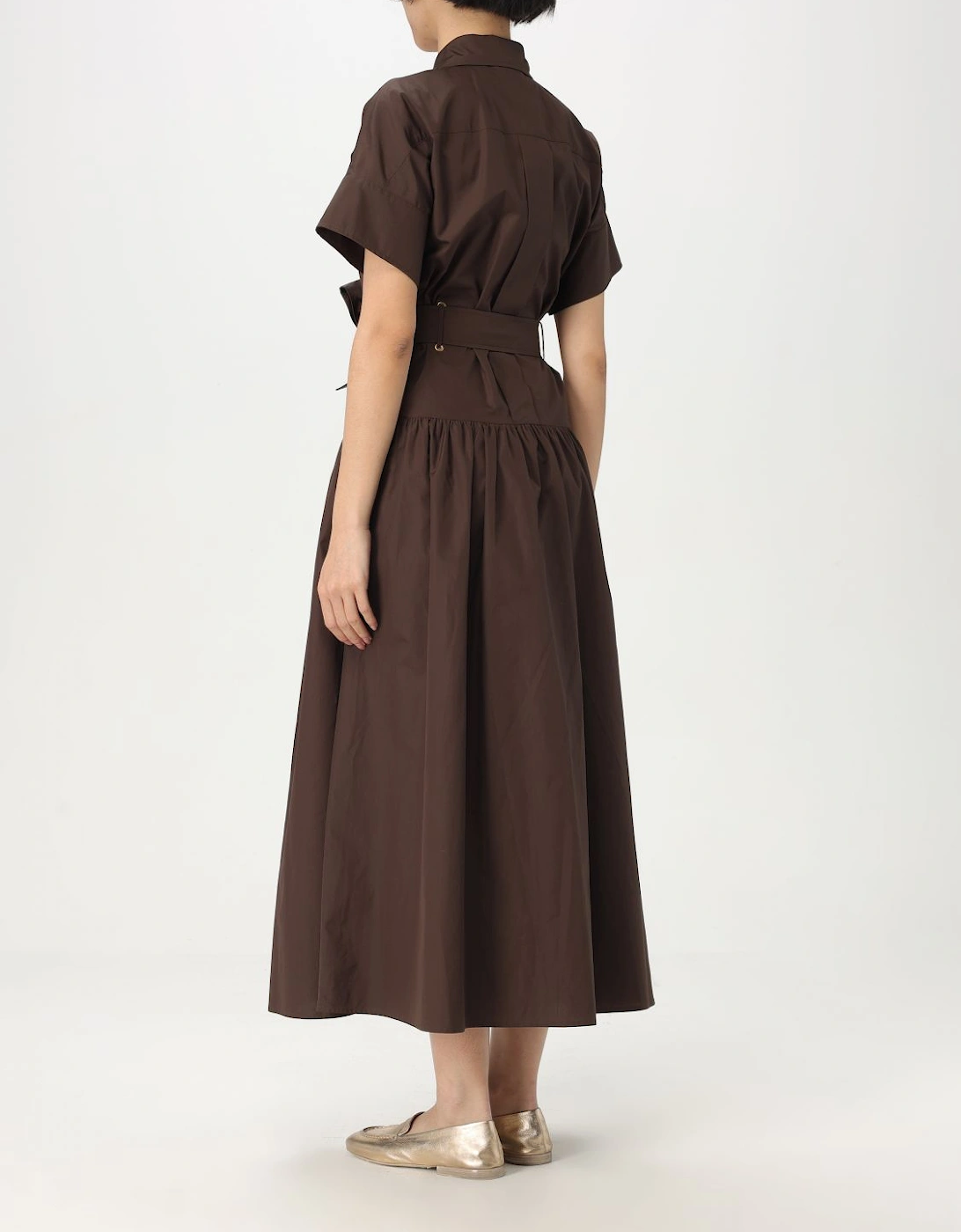 Belted Short Sleeve Dress With Classic Collar And Front Button Closure