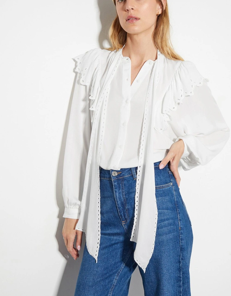 Cassie Broderie Frill Tie-Neck Blouse Ivory
