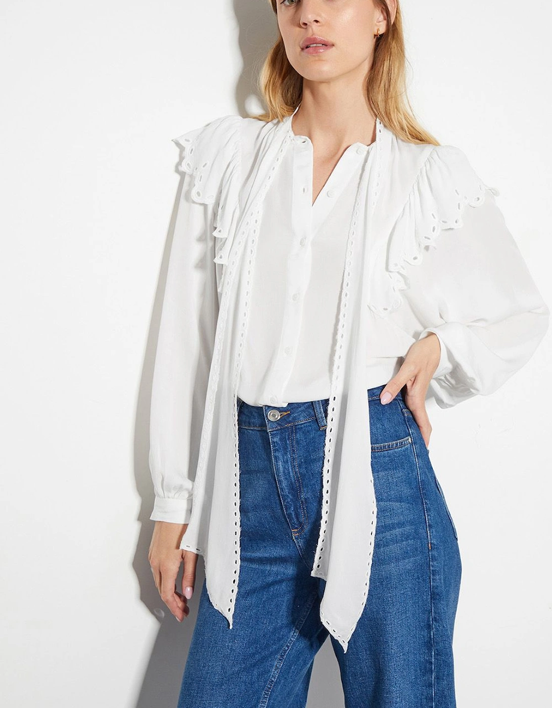 Cassie Broderie Frill Tie-Neck Blouse Ivory, 2 of 1