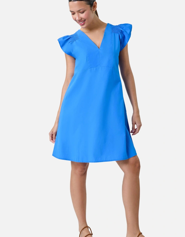 Plain Cotton Frill Sleeve Pocket Dress