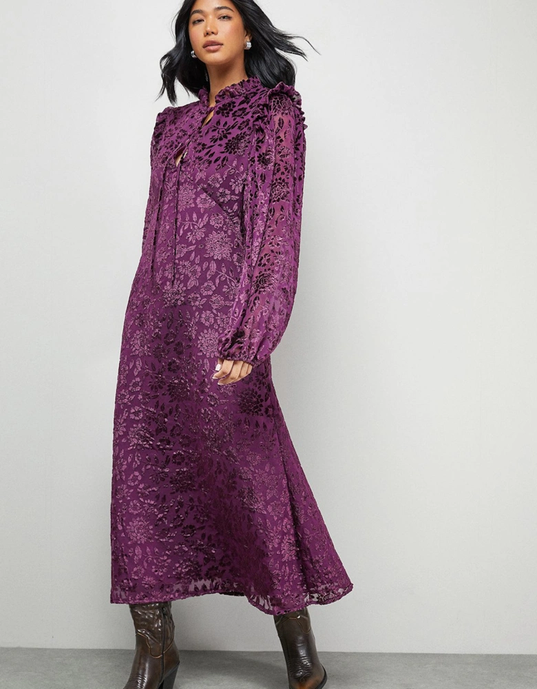 Burnout Velvet Frill Shoulder Tie Front Midi Dress