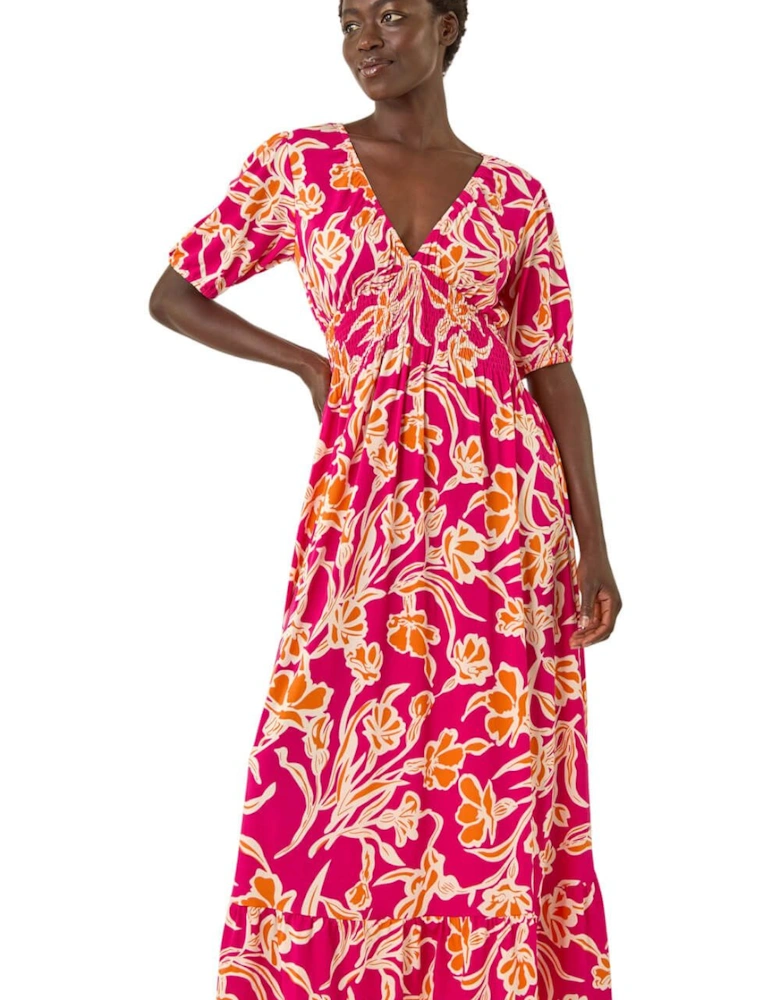 Floral V-Neck Shirred Maxi Dress