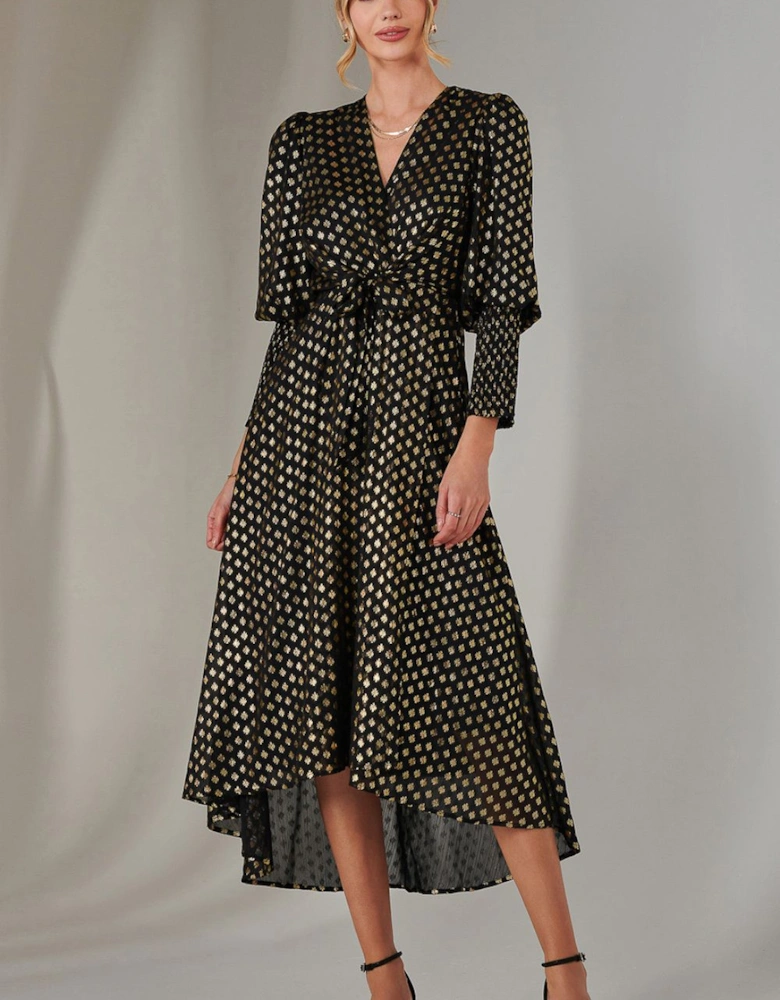 Metallic Spot Print Puffy Sleeve Maxi Dress