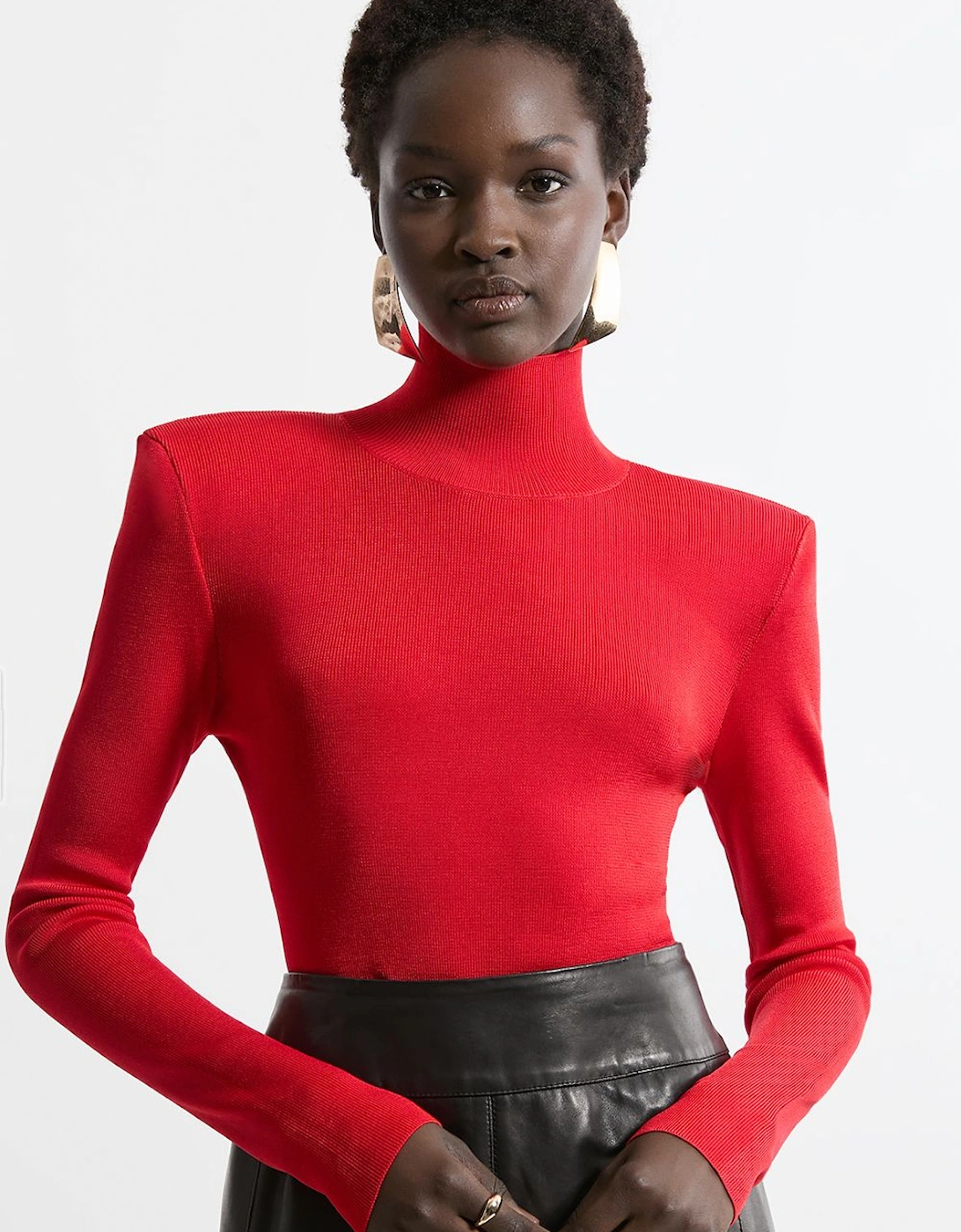 Slinky Drape Knit Power Shoulder Funnel Neck Top, 2 of 1