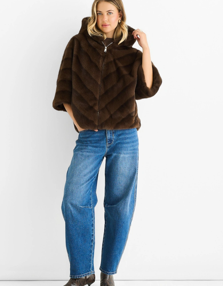 Coffee Hooded Chevron Faux Fur Cape Jacket