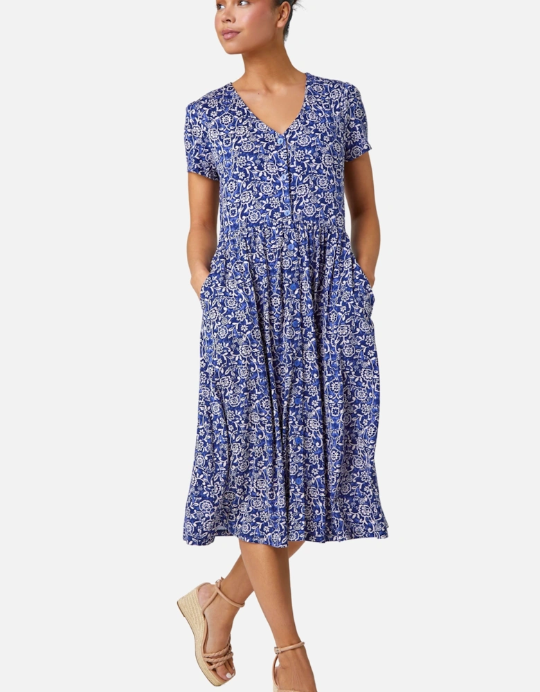 Petite Stretch Floral Button Pocket Midi Dress