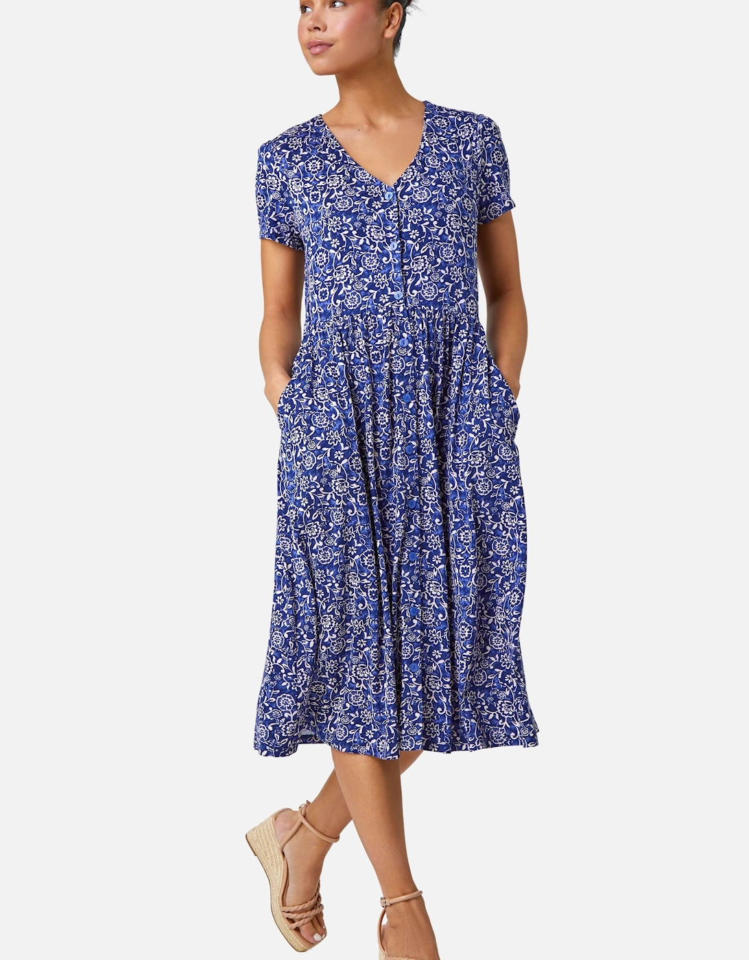 Petite Stretch Floral Button Pocket Midi Dress, 2 of 1