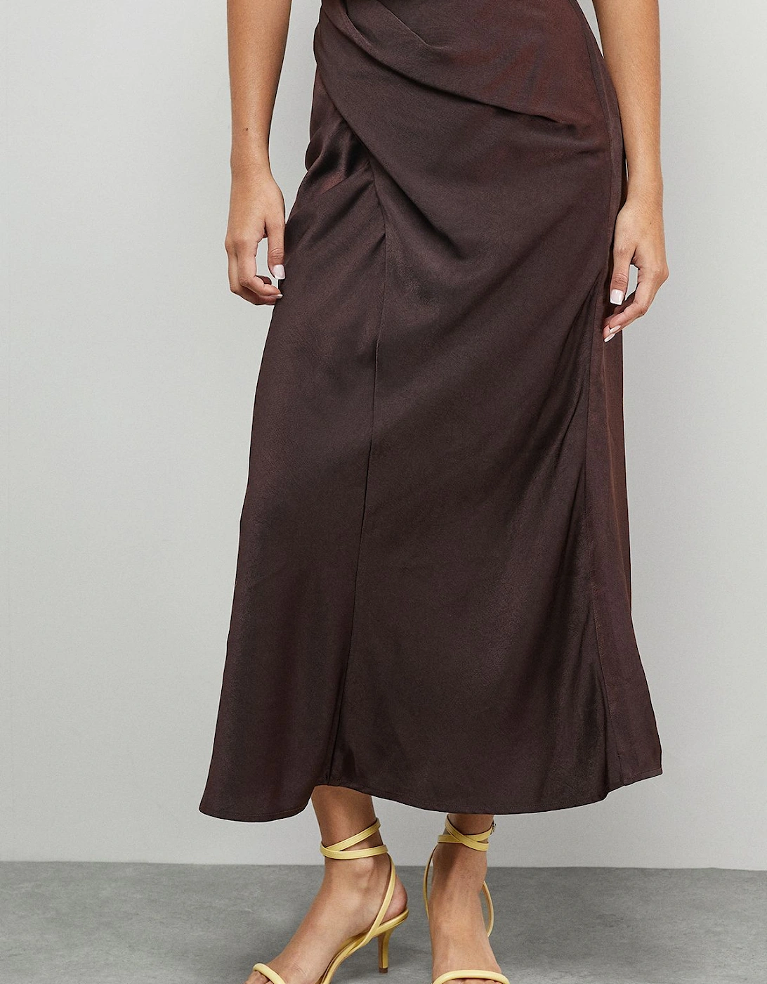 Crushed Satin Drape Front Bias Midi Skirt, 2 of 1