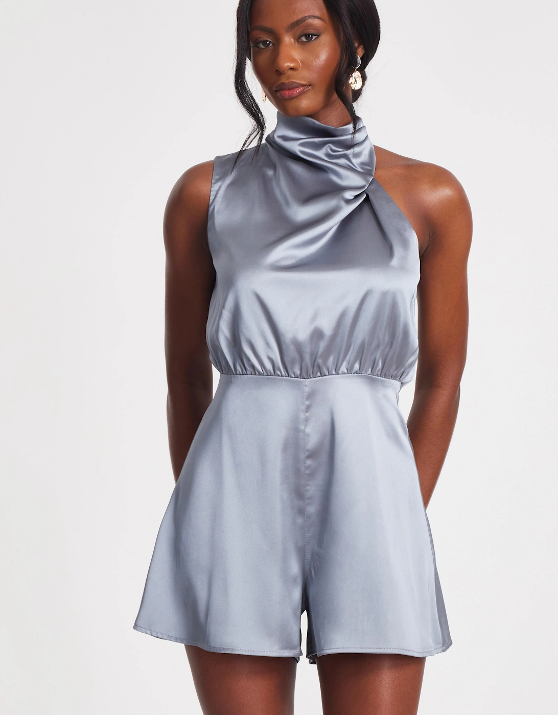 Grey Satin Asymmetric Playsuit, 2 of 1