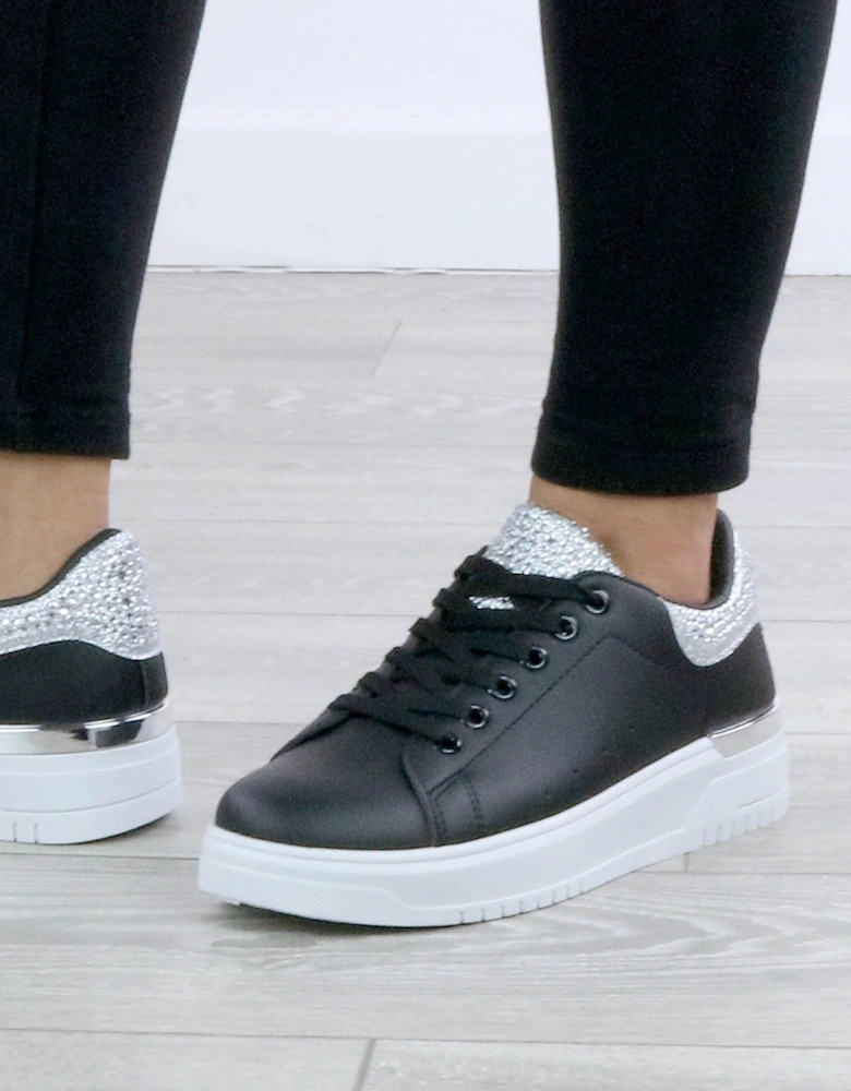 Low Wedge Heel Crystal Flat Chunky Sole Lace up Glitter  Trainers