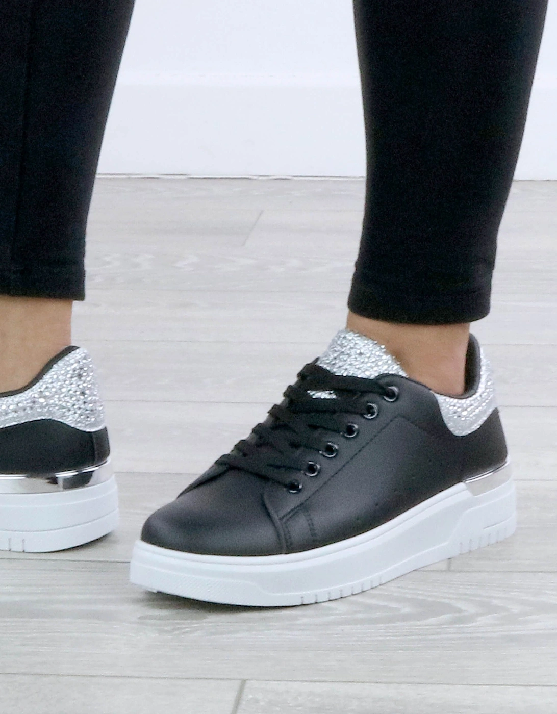Low Wedge Heel Crystal Flat Chunky Sole Lace up Glitter  Trainers, 2 of 1
