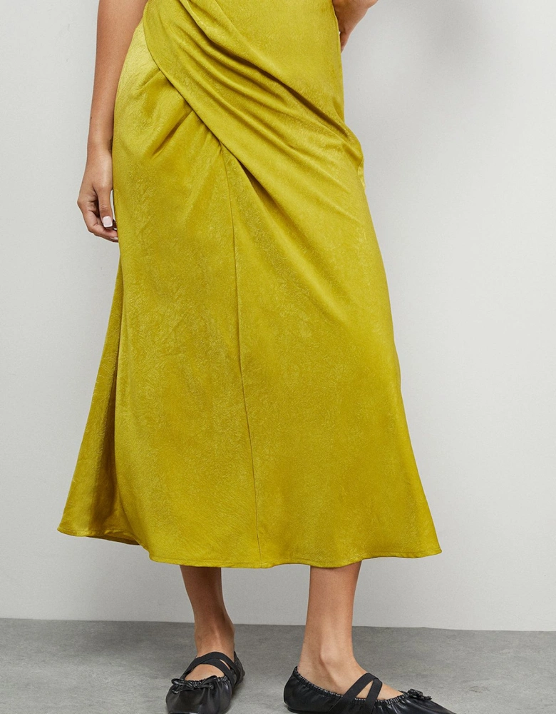 Crushed Satin Drape Front Bias Midi Skirt