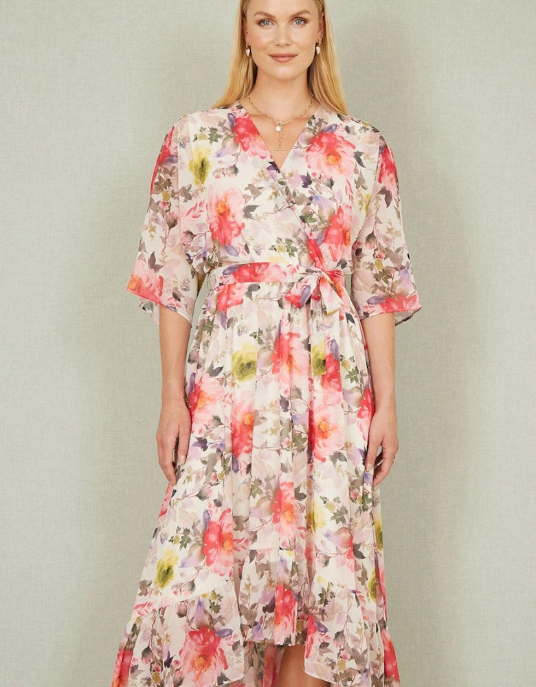 Ivory Vintage Floral Wrap Midi Dress With Frill
