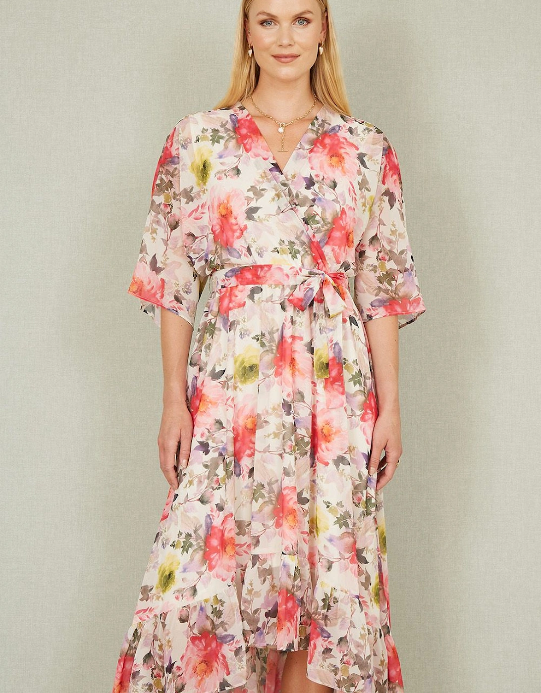 Ivory Vintage Floral Wrap Midi Dress With Frill, 2 of 1