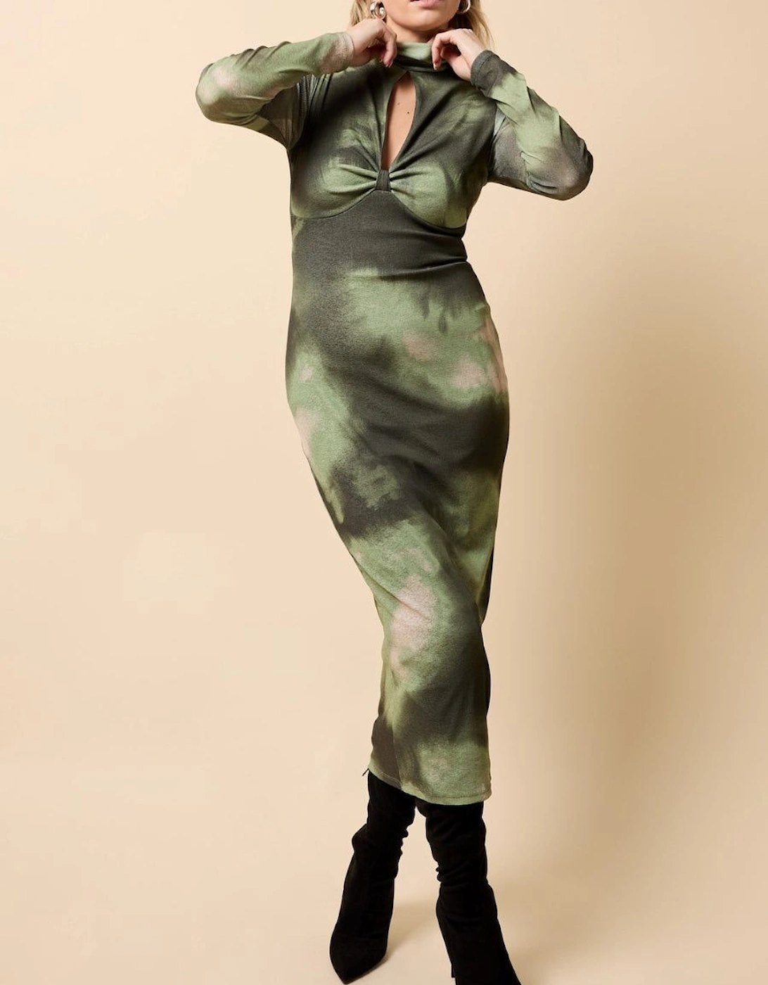 Khaki Print Keyhole Midaxi Dress, 2 of 1