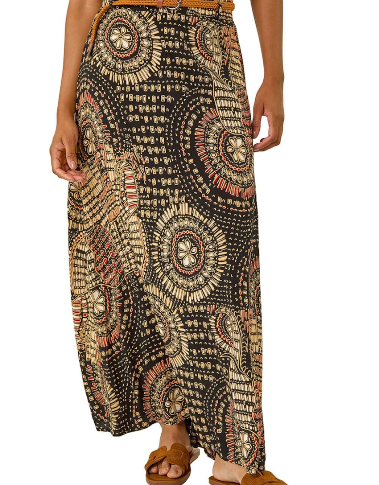 Abstract Print Belted A-Line Skirt