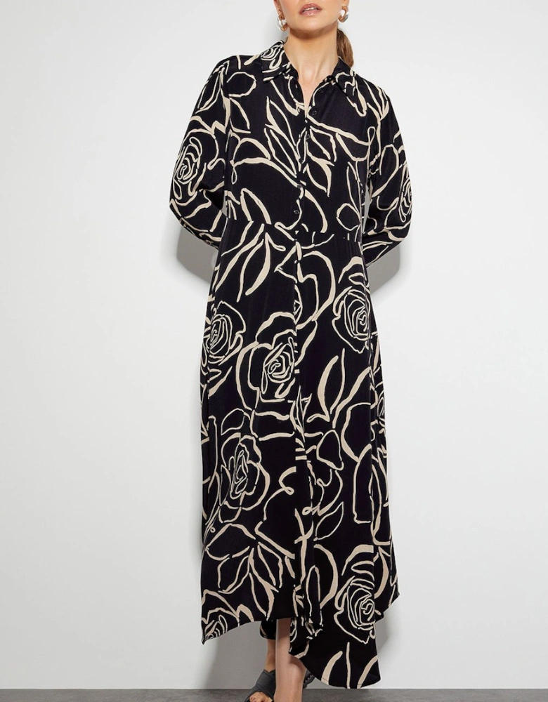 Mary Monochrome Floral Midi Shirt Dress Black