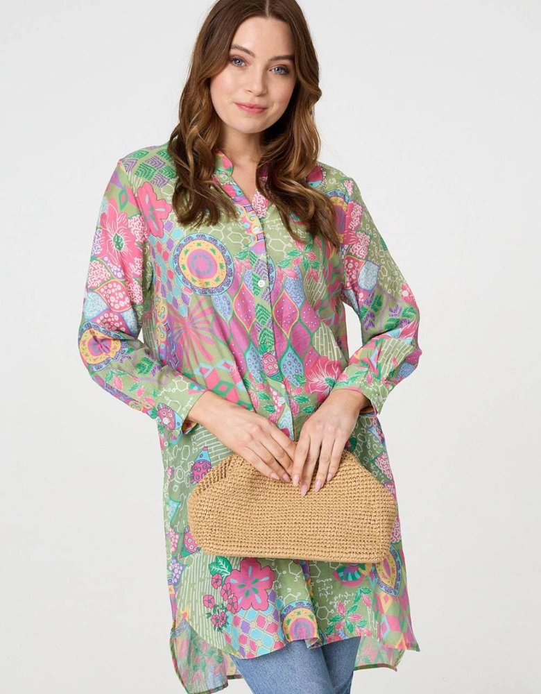 Printed Semi Sheer Longline Blouse