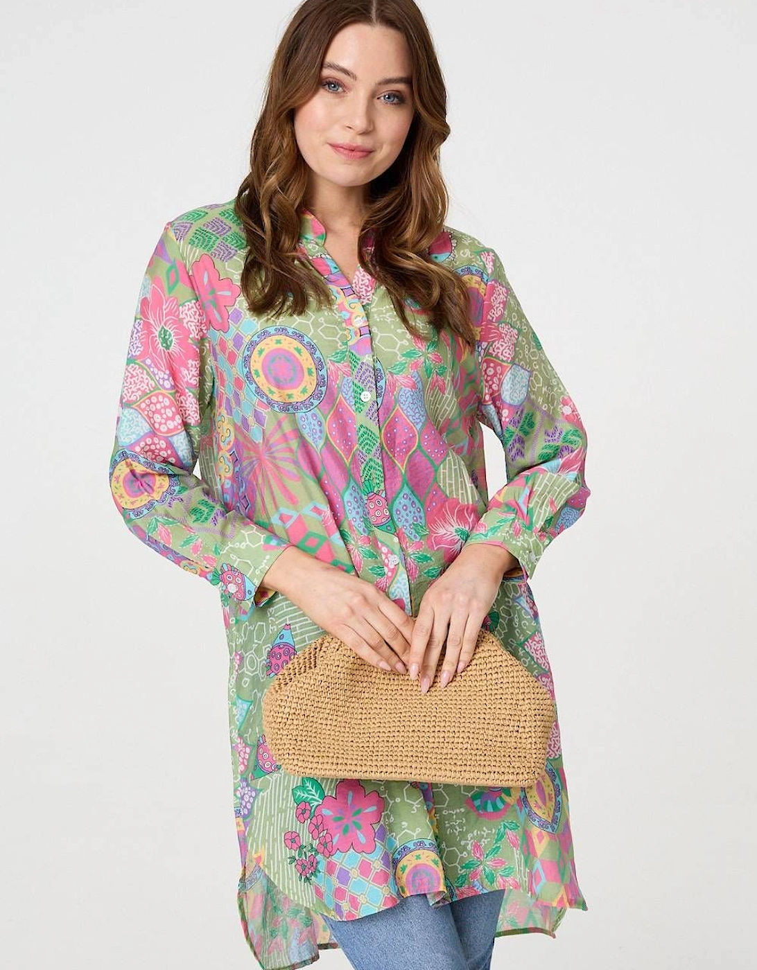 Printed Semi Sheer Longline Blouse, 2 of 1