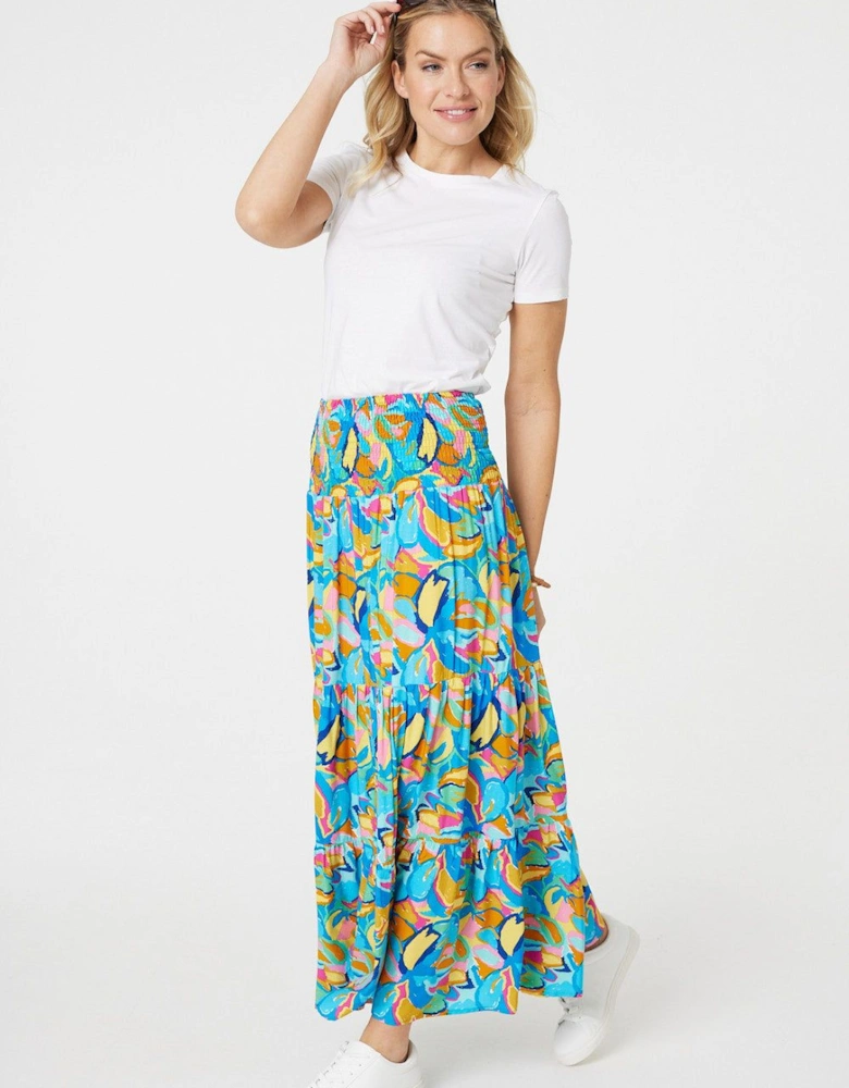 Abstract Shirred High Waist Maxi Skirt