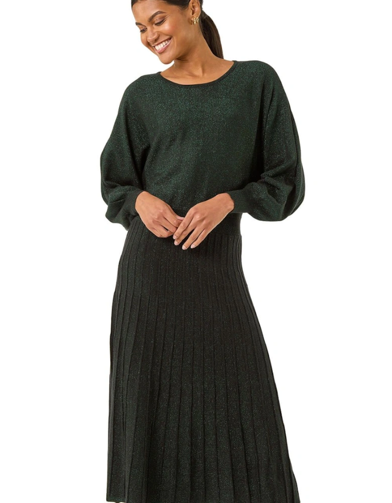 Shimmer Pleated Knit Midi Dress