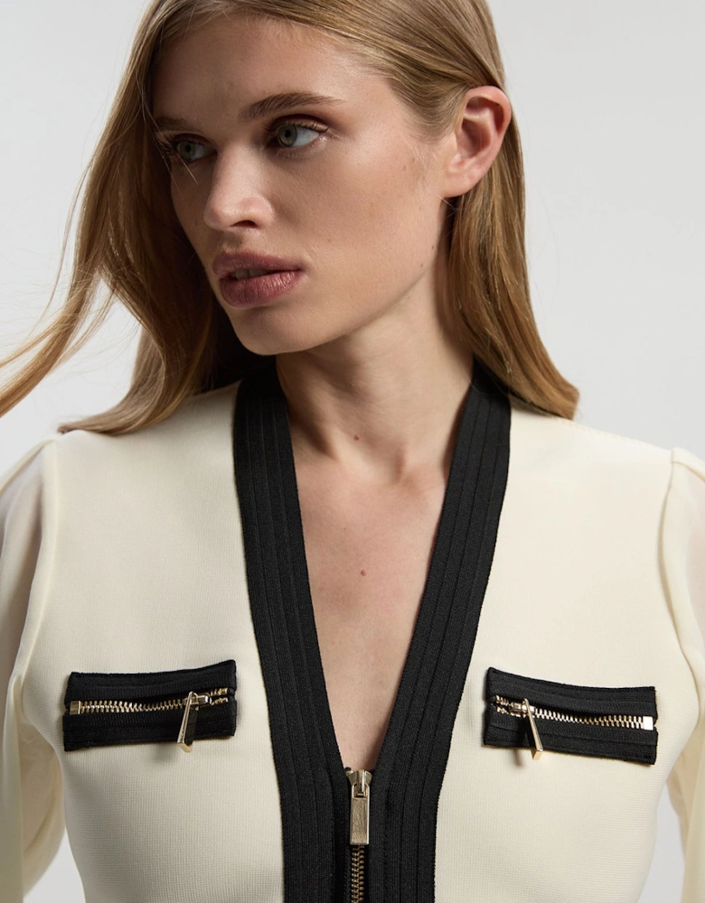 Chiffon Sleeve Zip Through Bandage Knit Top