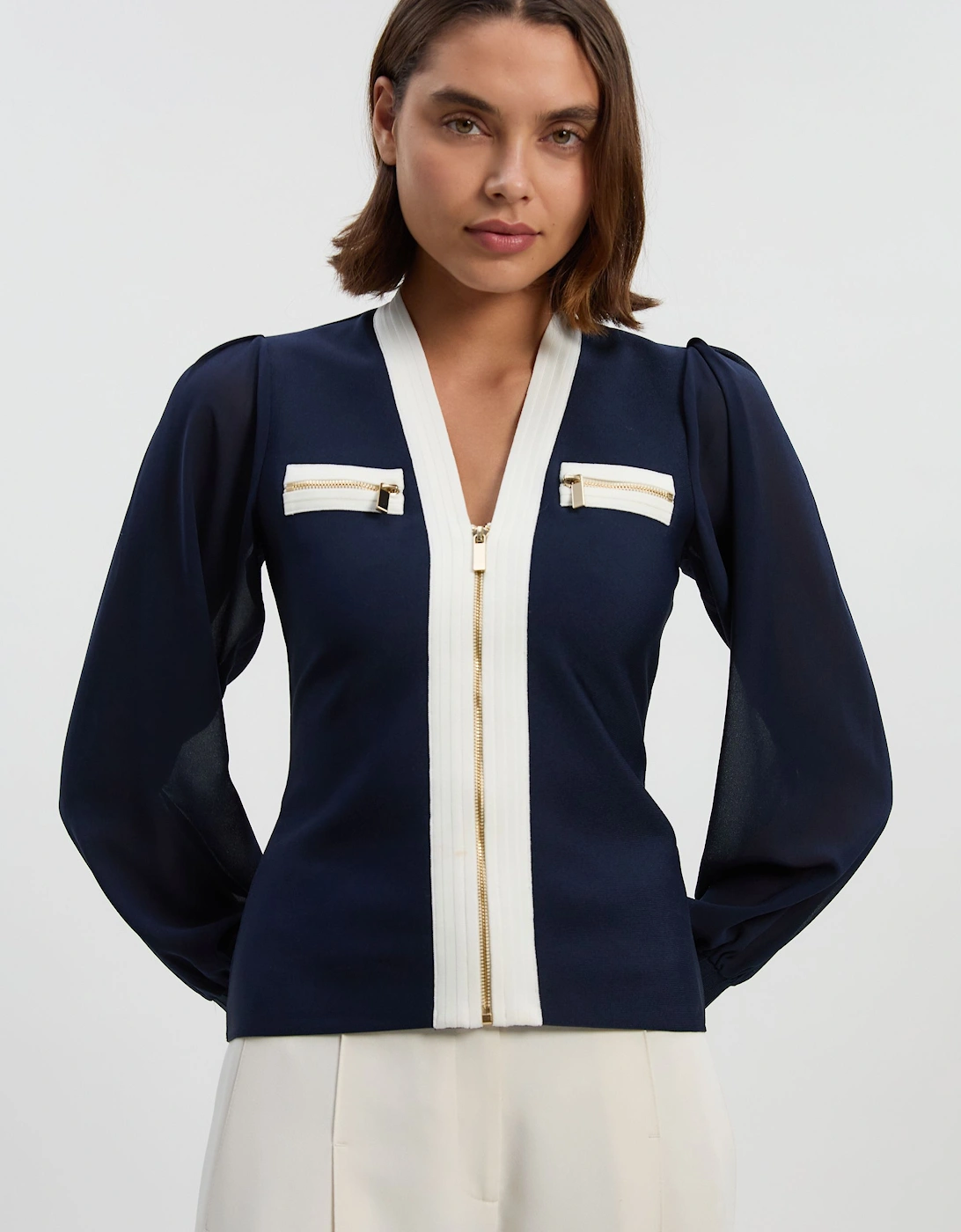 Chiffon Sleeve Zip Through Bandage Knit Top, 2 of 1