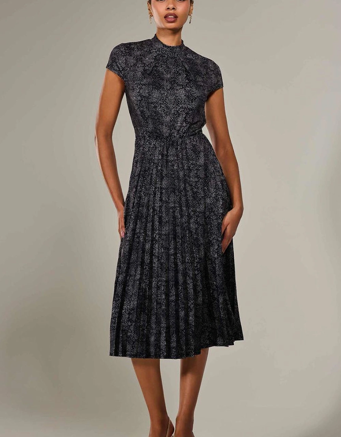 Jersey Capped Sleeve Pleated Midi Dress, 2 of 1