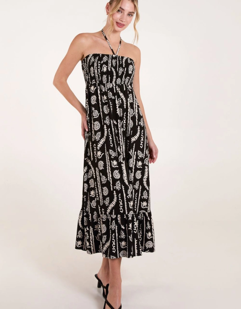 Shirred Bandeau Tie Neck Dress