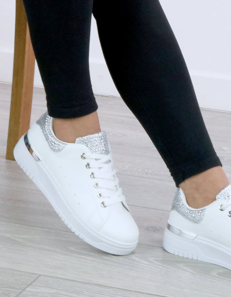 Low Wedge Heel Crystal Flat Chunky Sole Lace up Glitter  Trainers