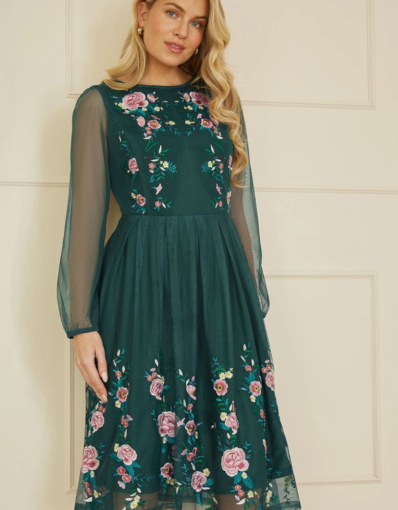 Green Embroidered Long Mesh Sleeve Prom Skater Dress