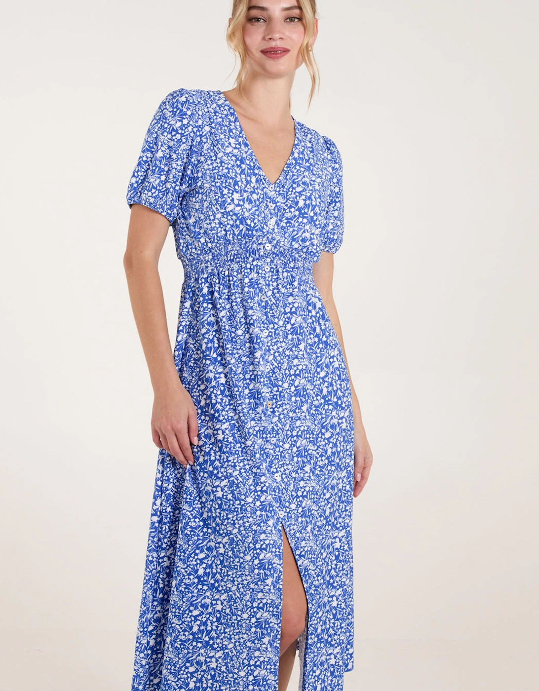 Red Short Sleeve Button Front Split Front Midi Dress, 2 of 1