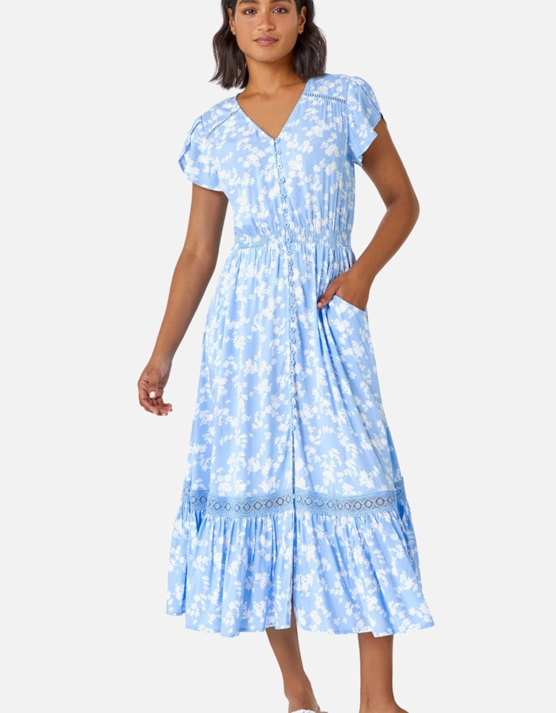 Floral Button Down Frill Midi Dress