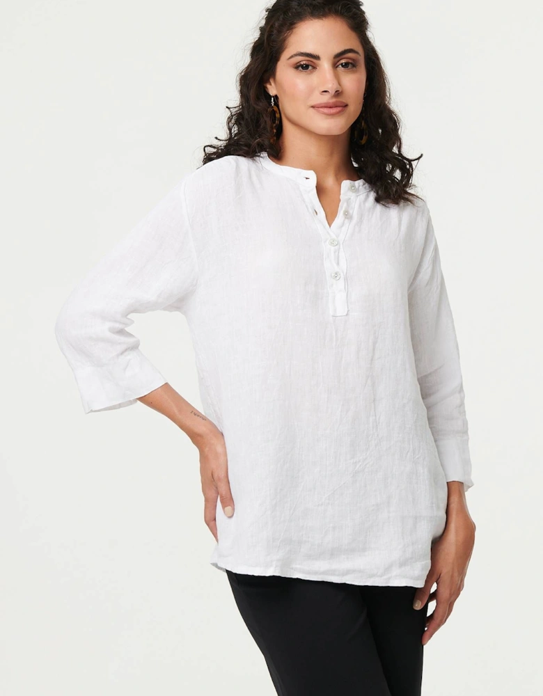 Relaxed 3/4 Sleeve Button Neck Blouse