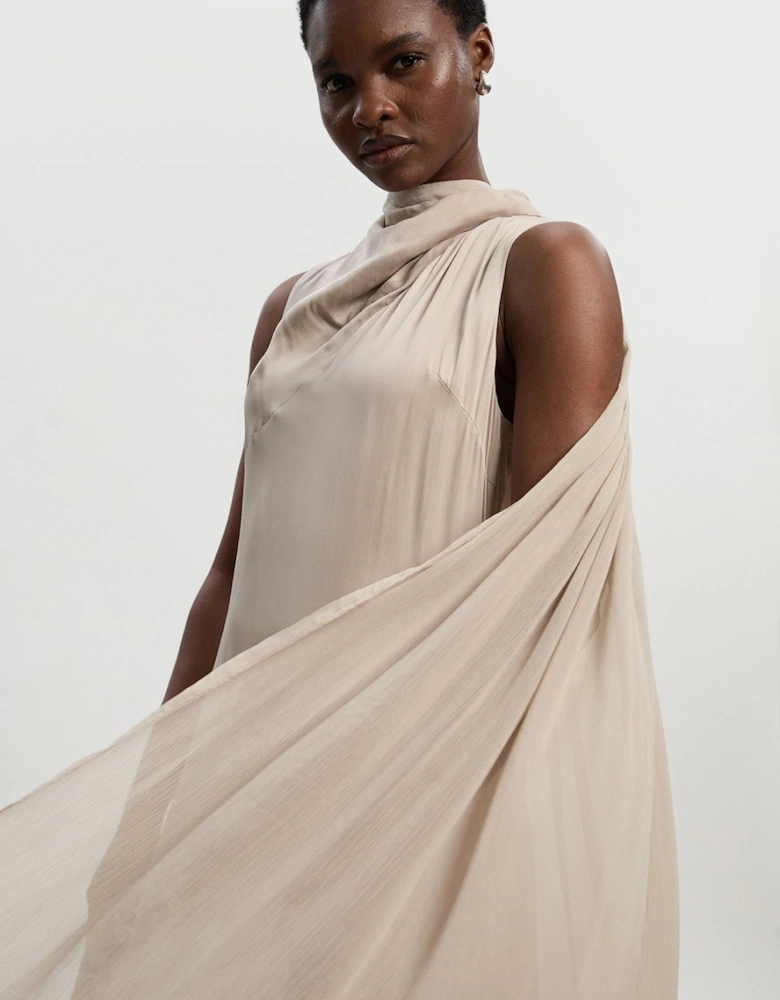 Satin Drape Georgette Cape Detail Midi Dress